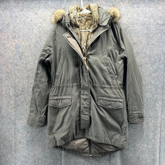 Abercrombie & Fitch Parka Jacket Womens Small Green Olive Faux Fur Hood Vintage - Picture 1 of 13